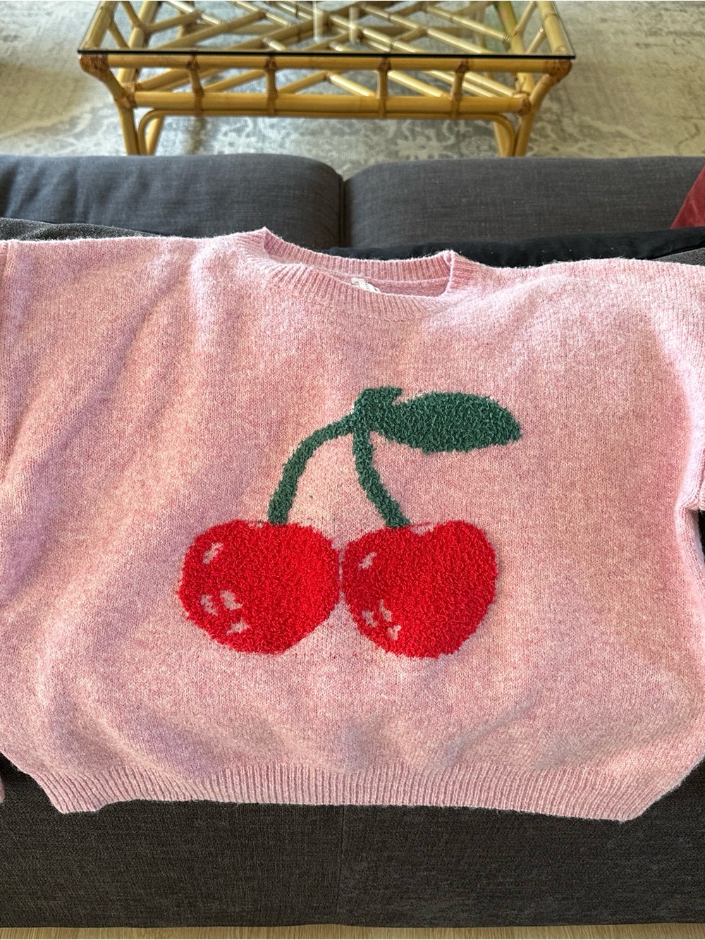 Dreamers Pink Cherry Intarsia Crewneck Sweater